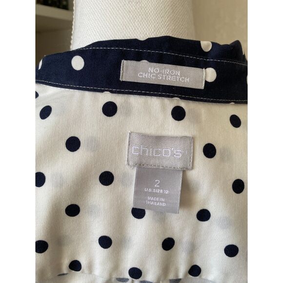 CHICO'S Classic Blue White Polka No-Iron Chic Stretch Button Down Top Size 2/12 - Picture 5 of 6
